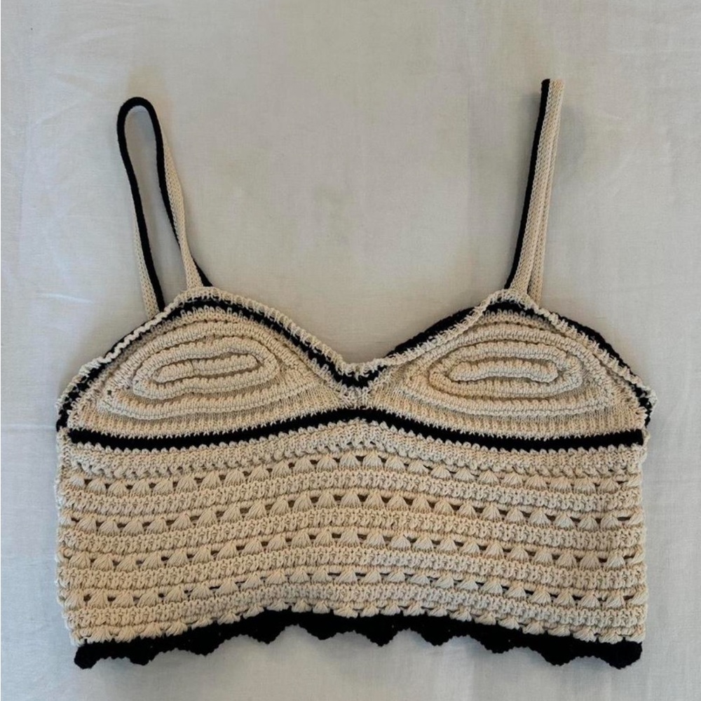 Zara Cream Knit Crochet Crop Top with Black Trim